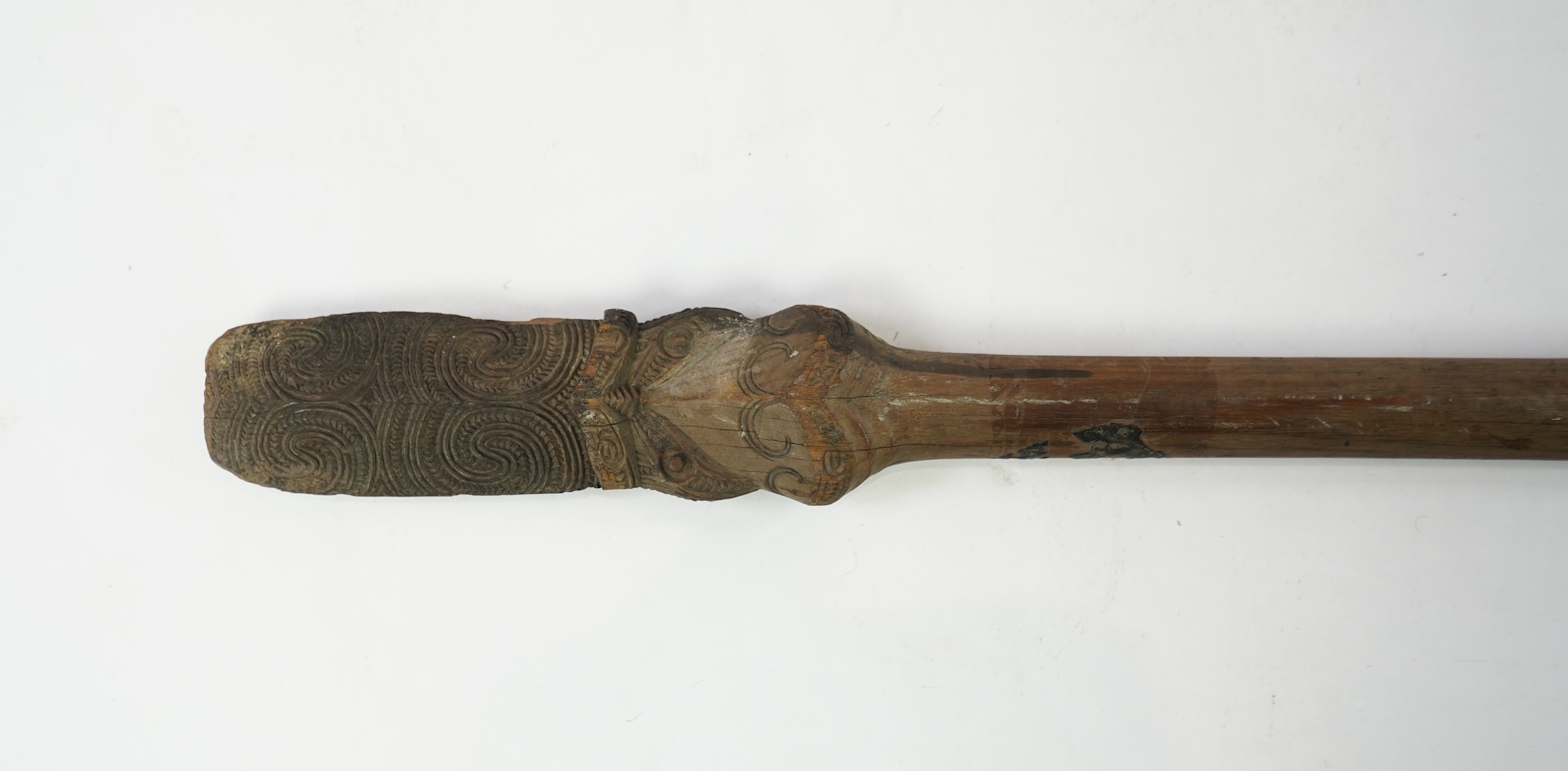 A Maori carved hardwood staff, taiaha, 19th century